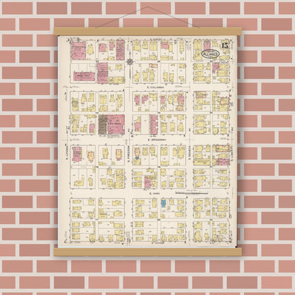 Old map wall art mockup — magnetic wood frame on brick wall — Sanborn Fire Insurance Map from Alliance, Stark County, Ohio (1921), Sheet #0015