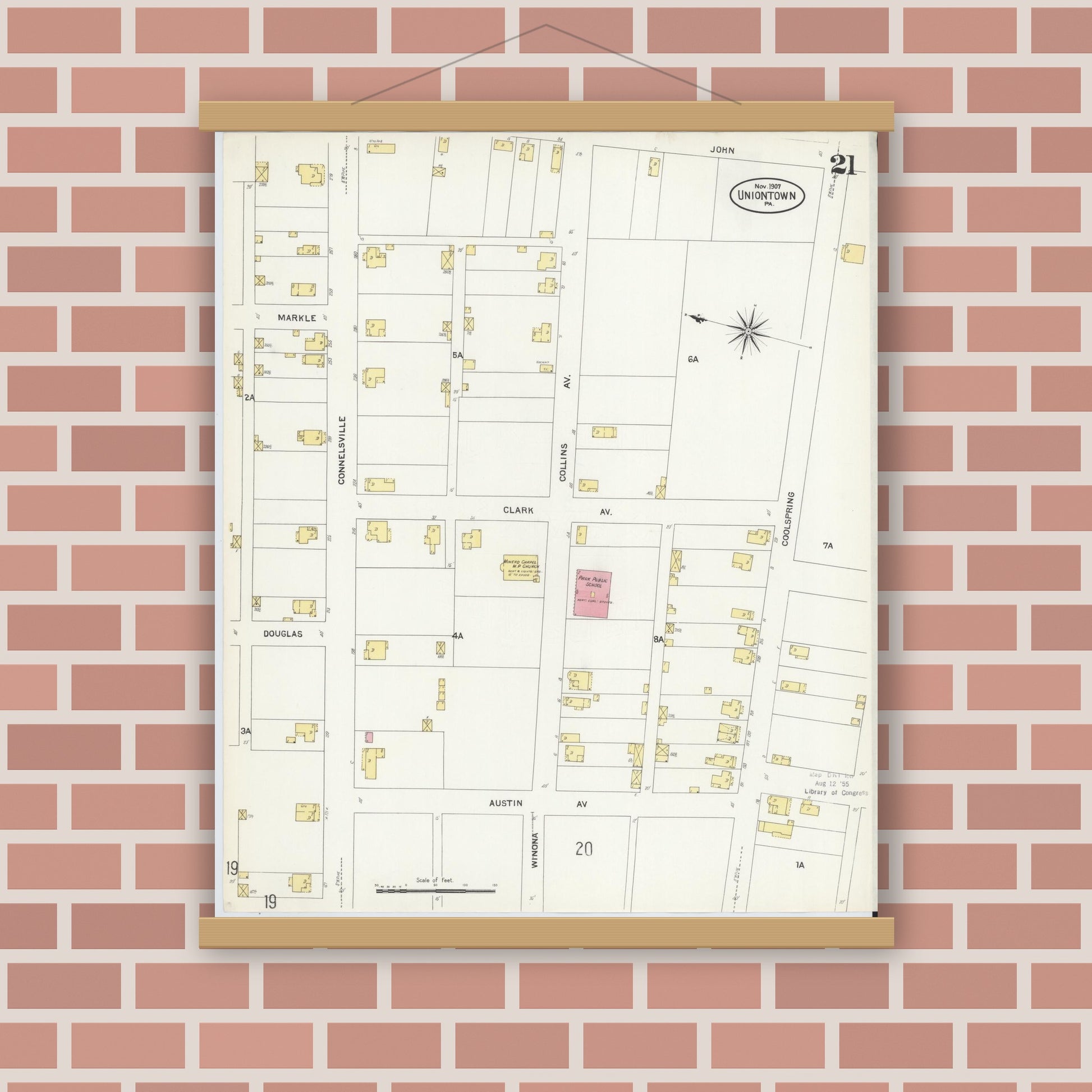 Old map wall art mockup — magnetic wood frame on brick wall — Sanborn Fire Insurance Map from Uniontown, Fayette County, Pennsylvania (1907), Sheet #0021