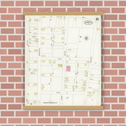 Old map wall art mockup — magnetic wood frame on brick wall — Sanborn Fire Insurance Map from Uniontown, Fayette County, Pennsylvania (1907), Sheet #0021
