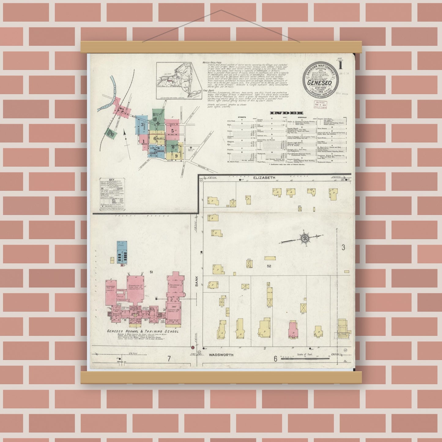 Old map wall art mockup — magnetic wood frame on brick wall — Sanborn Fire Insurance Map from Geneseo, Livingston County, New York (1913) - Complete Map Set