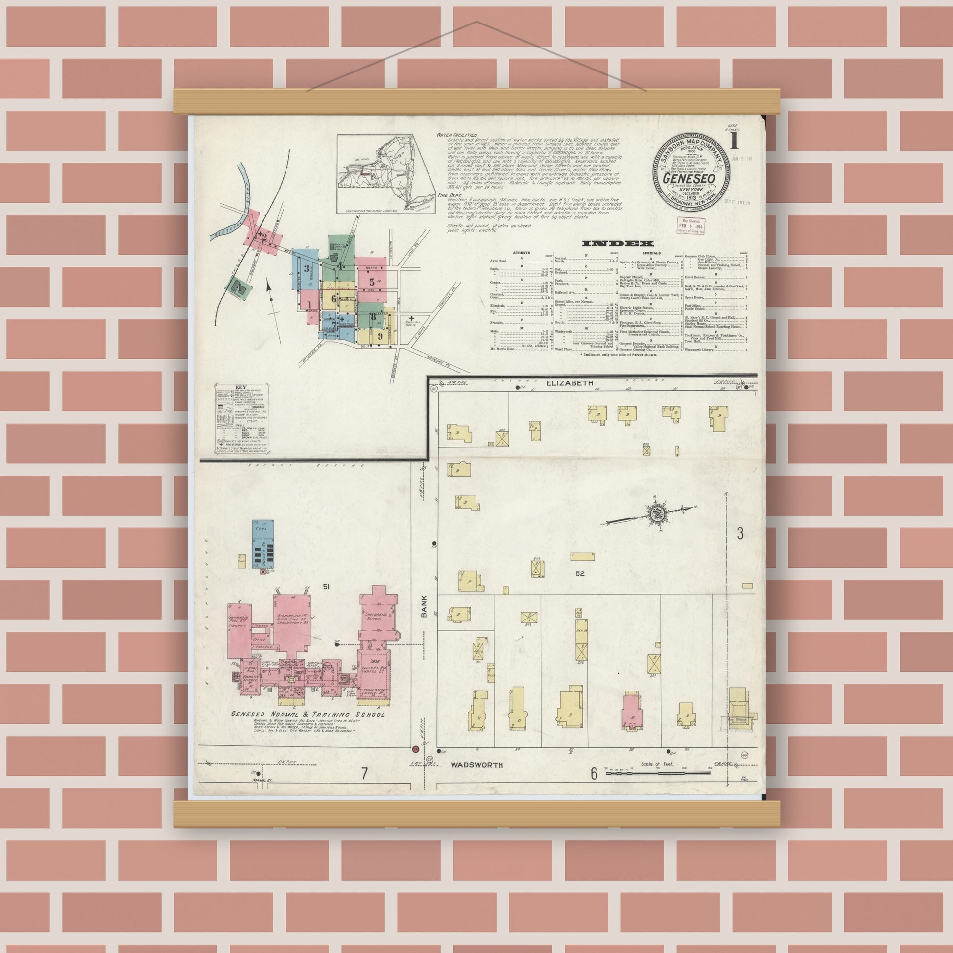 Old map wall art mockup — magnetic wood frame on brick wall — Sanborn Fire Insurance Map from Geneseo, Livingston County, New York (1913) - Complete Map Set