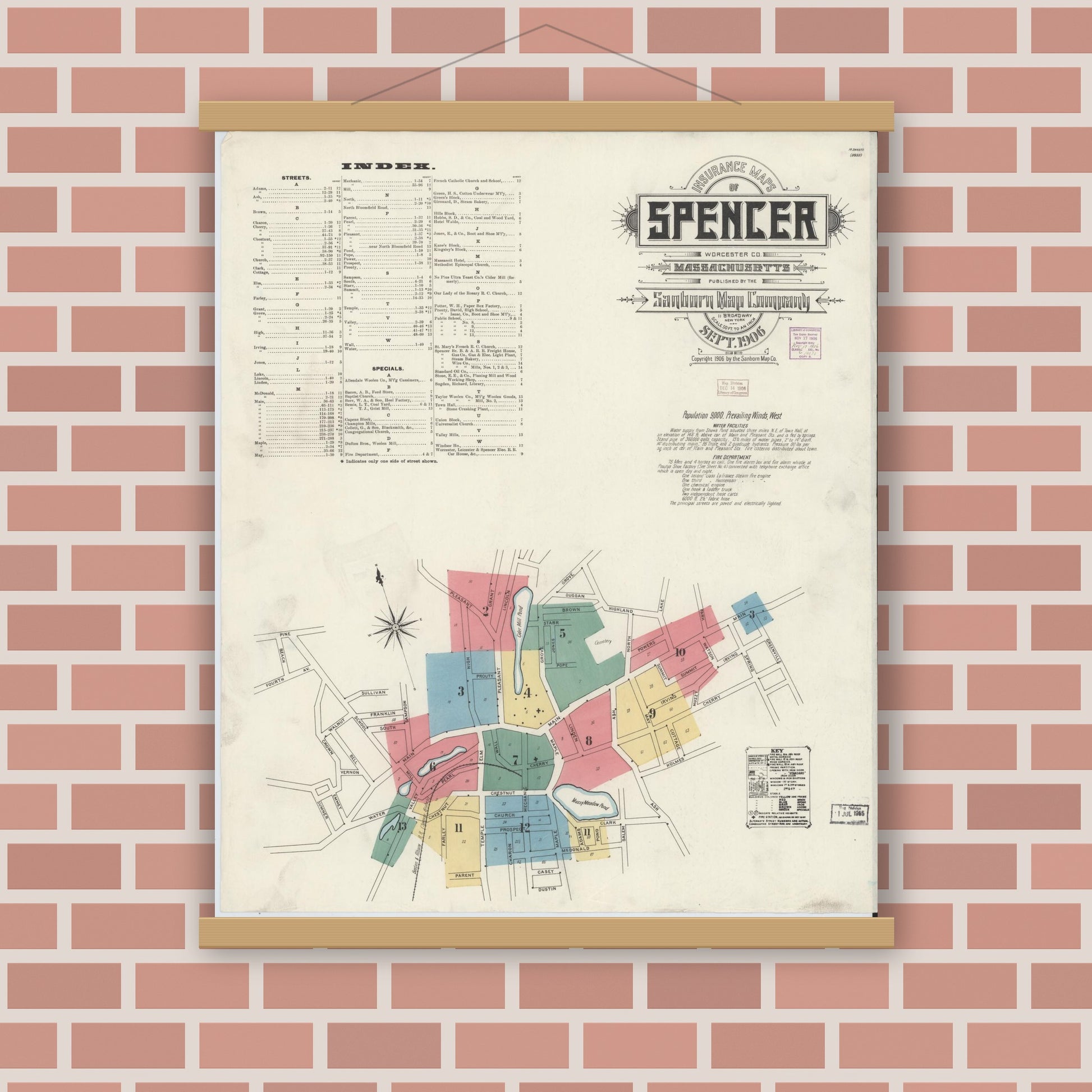 Old map wall art mockup — magnetic wood frame on brick wall — Sanborn Fire Insurance Map from Spencer, Worcester County, Massachusetts (1906) - Complete Map Set