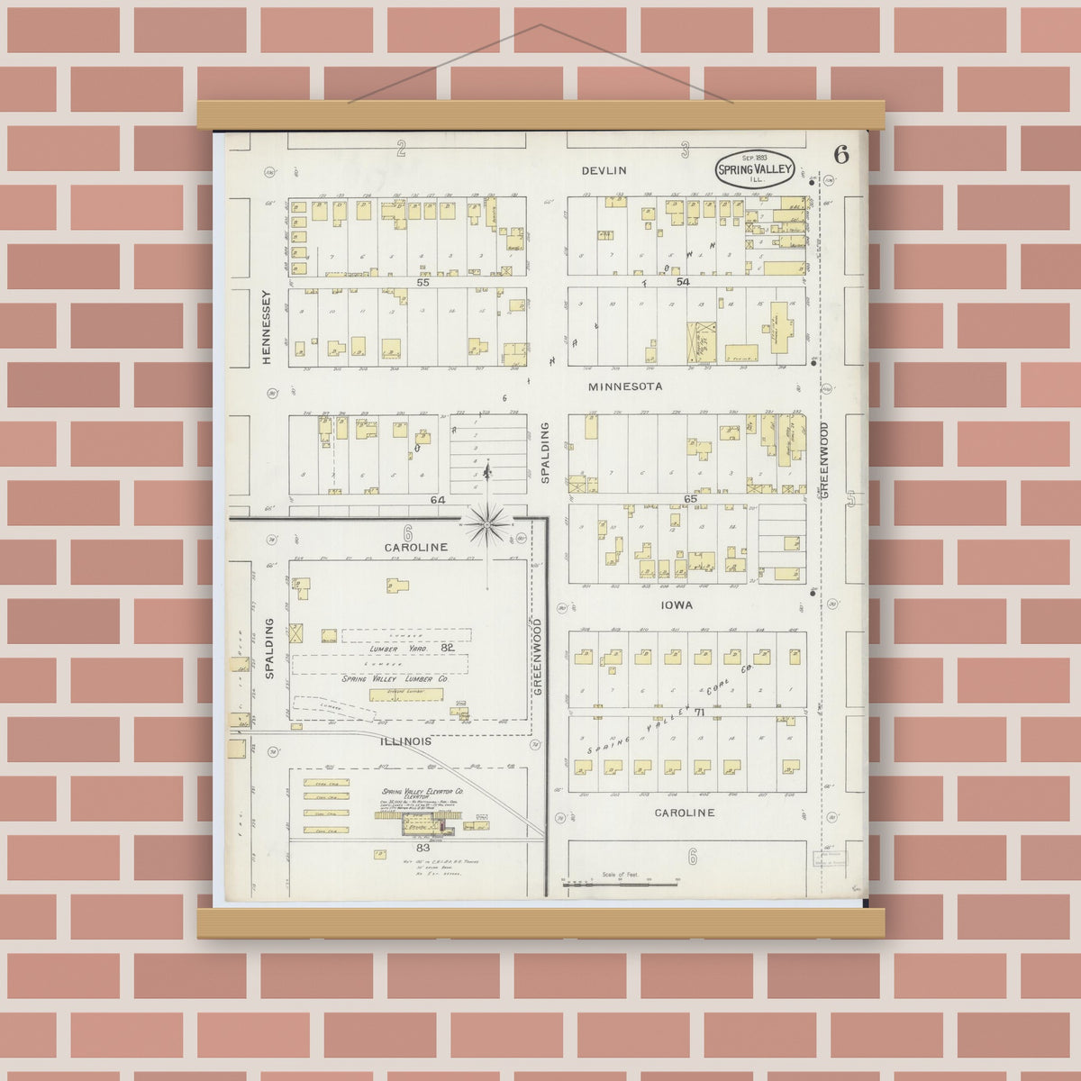 Old map wall art mockup — magnetic wood frame on brick wall — Sanborn Fire Insurance Map from Spring Valley, Bureau County, Illinois (1893), Sheet #0006