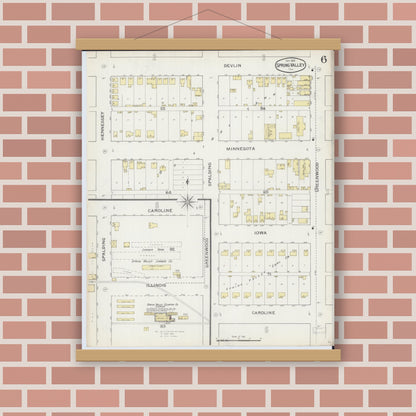 Old map wall art mockup — magnetic wood frame on brick wall — Sanborn Fire Insurance Map from Spring Valley, Bureau County, Illinois (1893), Sheet #0006