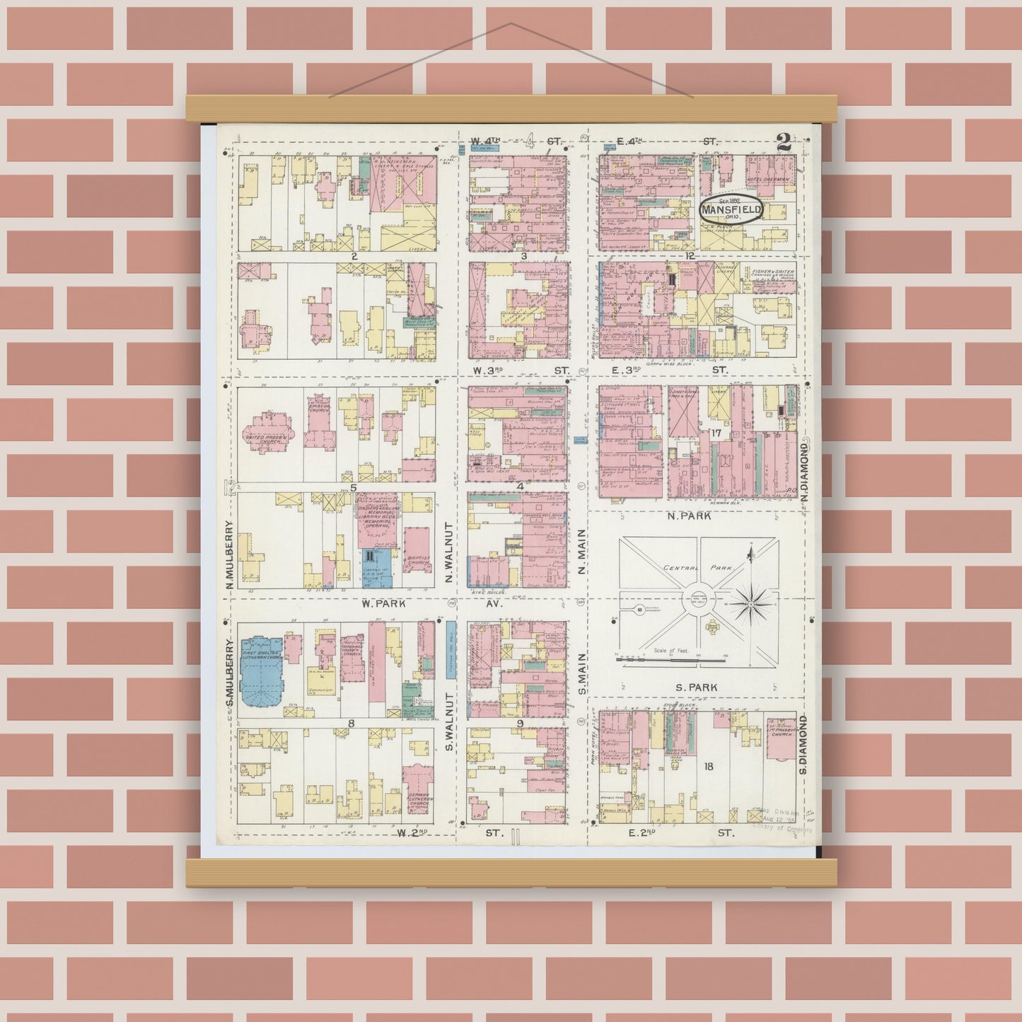 Old map wall art mockup — magnetic wood frame on brick wall — Sanborn Fire Insurance Map from Mansfield, Richland County, Ohio (1892), Sheet #0002