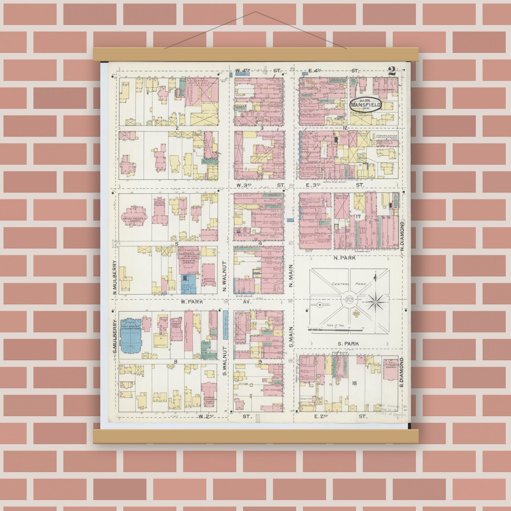 Old map wall art mockup — magnetic wood frame on brick wall — Sanborn Fire Insurance Map from Mansfield, Richland County, Ohio (1892), Sheet #0002