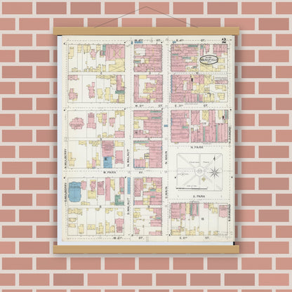 Old map wall art mockup — magnetic wood frame on brick wall — Sanborn Fire Insurance Map from Mansfield, Richland County, Ohio (1892), Sheet #0002