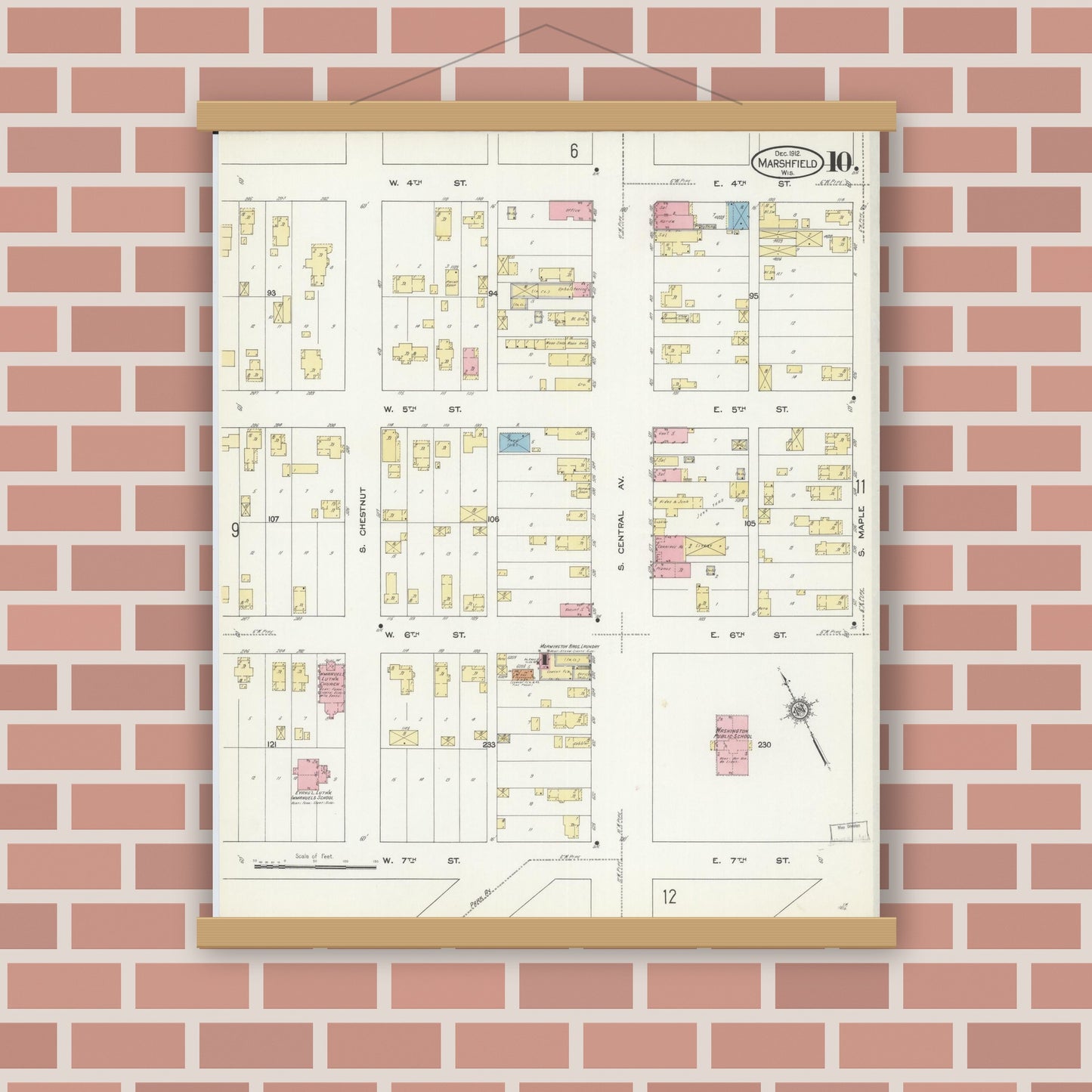 Old map wall art mockup — magnetic wood frame on brick wall — Sanborn Fire Insurance Map from Marshfield, Wood County, Wisconsin (1912), Sheet #0010