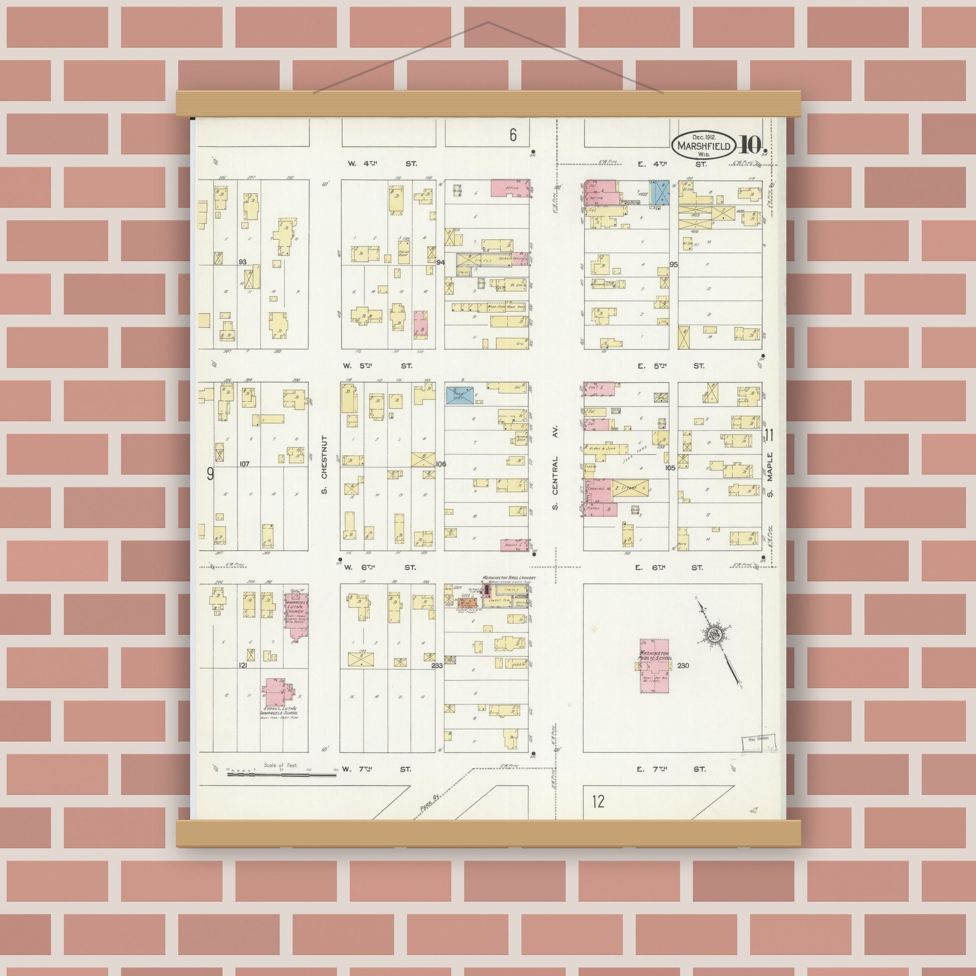 Old map wall art mockup — magnetic wood frame on brick wall — Sanborn Fire Insurance Map from Marshfield, Wood County, Wisconsin (1912), Sheet #0010