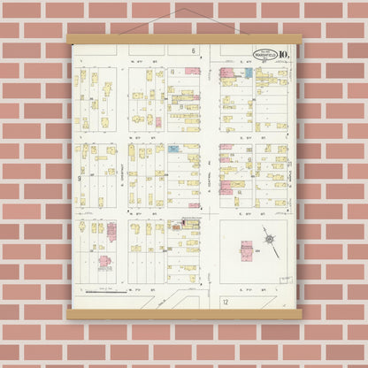 Old map wall art mockup — magnetic wood frame on brick wall — Sanborn Fire Insurance Map from Marshfield, Wood County, Wisconsin (1912), Sheet #0010