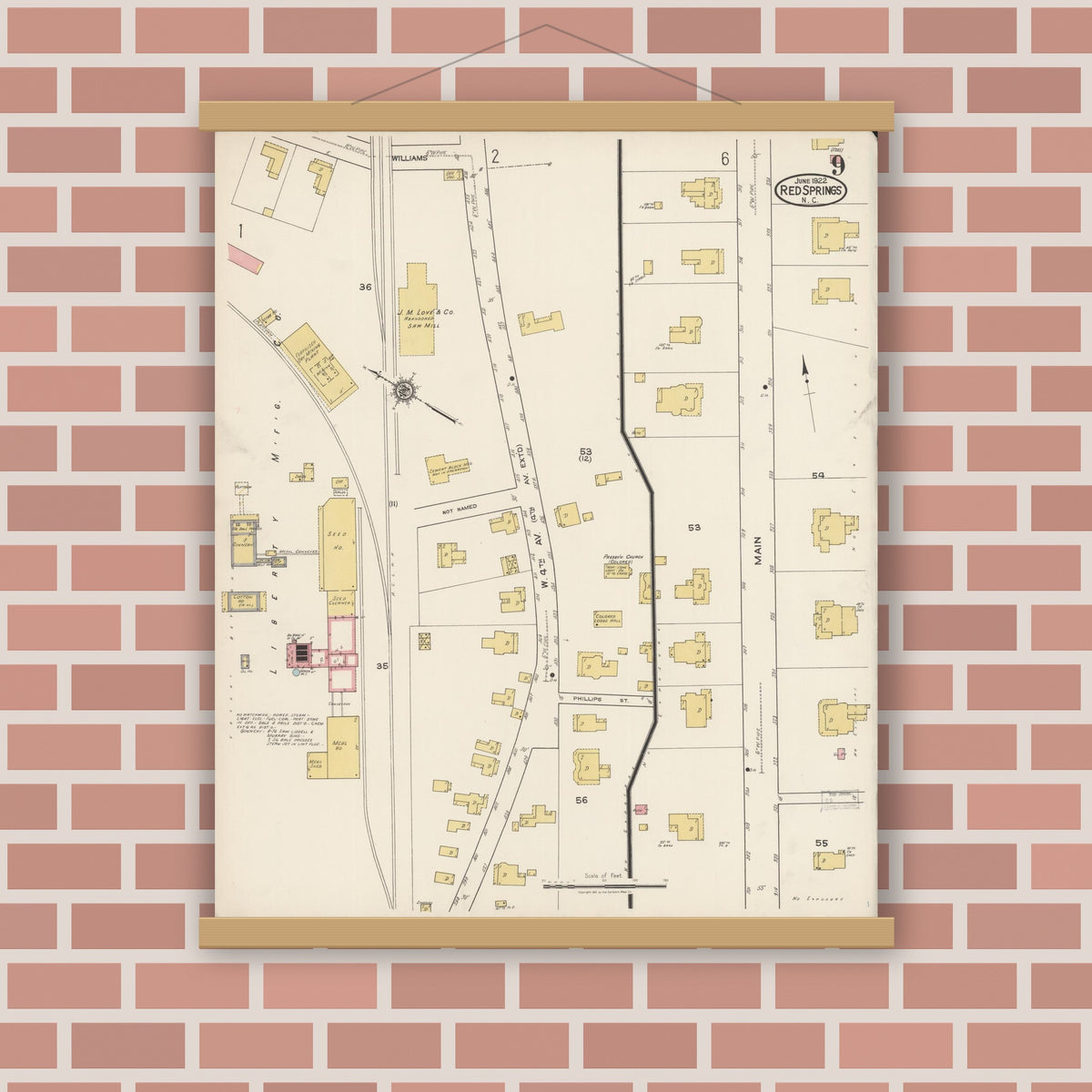 Old map wall art mockup — magnetic wood frame on brick wall — Sanborn Fire Insurance Map from Red Springs, Robeson County, North Carolina (1922), Sheet #0009