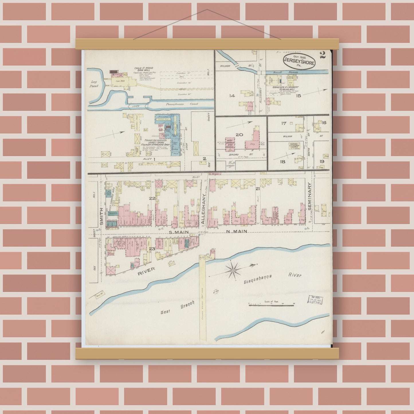 Old map wall art mockup — magnetic wood frame on brick wall — Sanborn Fire Insurance Map from Jersey Shore, Lycoming County, Pennsylvania (1885), Sheet #0002