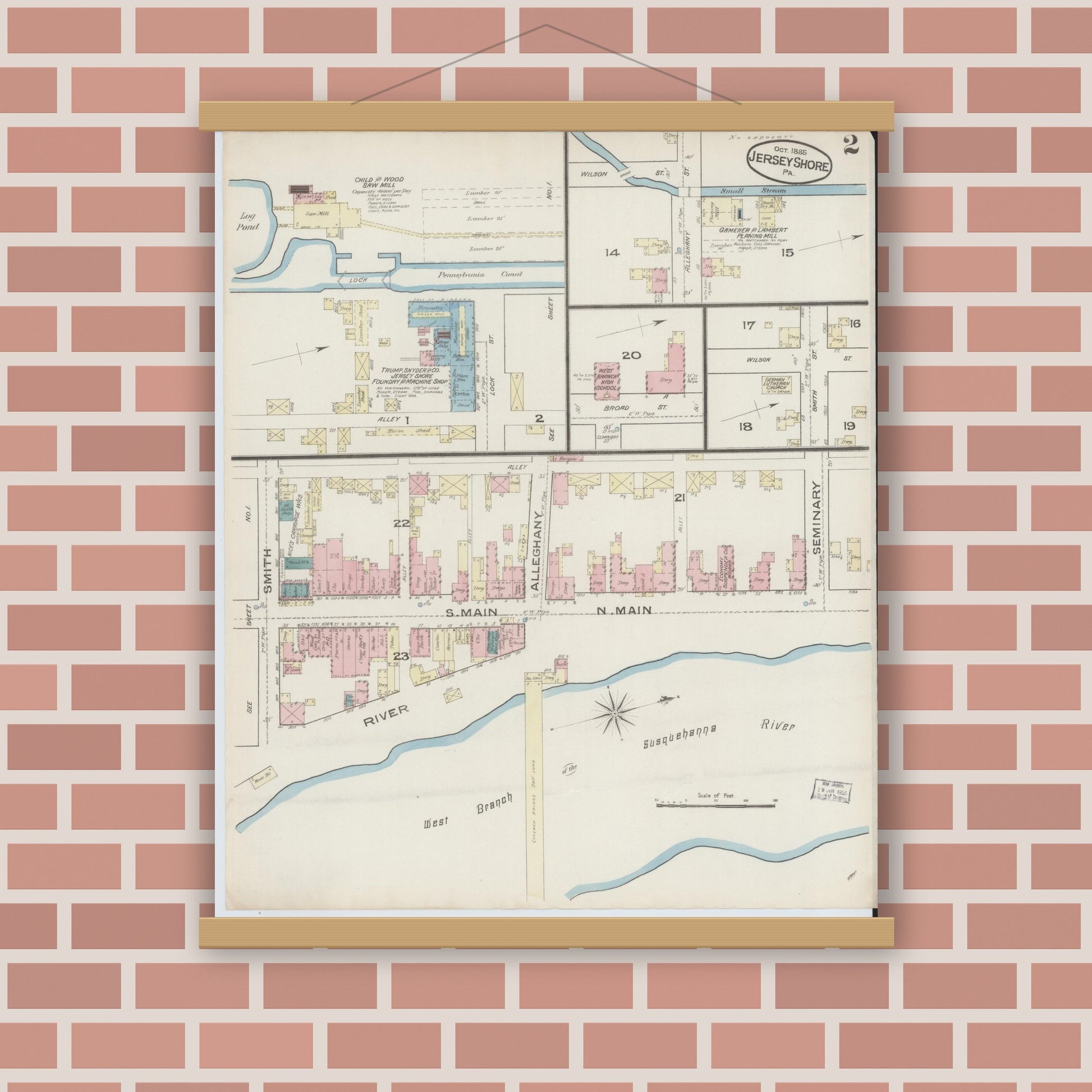 Old map wall art mockup — magnetic wood frame on brick wall — Sanborn Fire Insurance Map from Jersey Shore, Lycoming County, Pennsylvania (1885), Sheet #0002