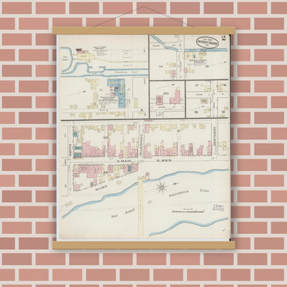 Old map wall art mockup — magnetic wood frame on brick wall — Sanborn Fire Insurance Map from Jersey Shore, Lycoming County, Pennsylvania (1885), Sheet #0002