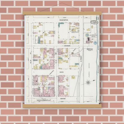Old map wall art mockup — magnetic wood frame on brick wall — Sanborn Fire Insurance Map from Winona, Winona County, Minnesota (1889), Sheet #0011