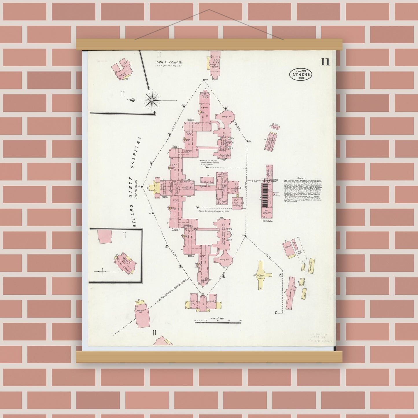 Old map wall art mockup — magnetic wood frame on brick wall — Sanborn Fire Insurance Map from Athens, Athens County, Ohio (1907), Sheet #0011