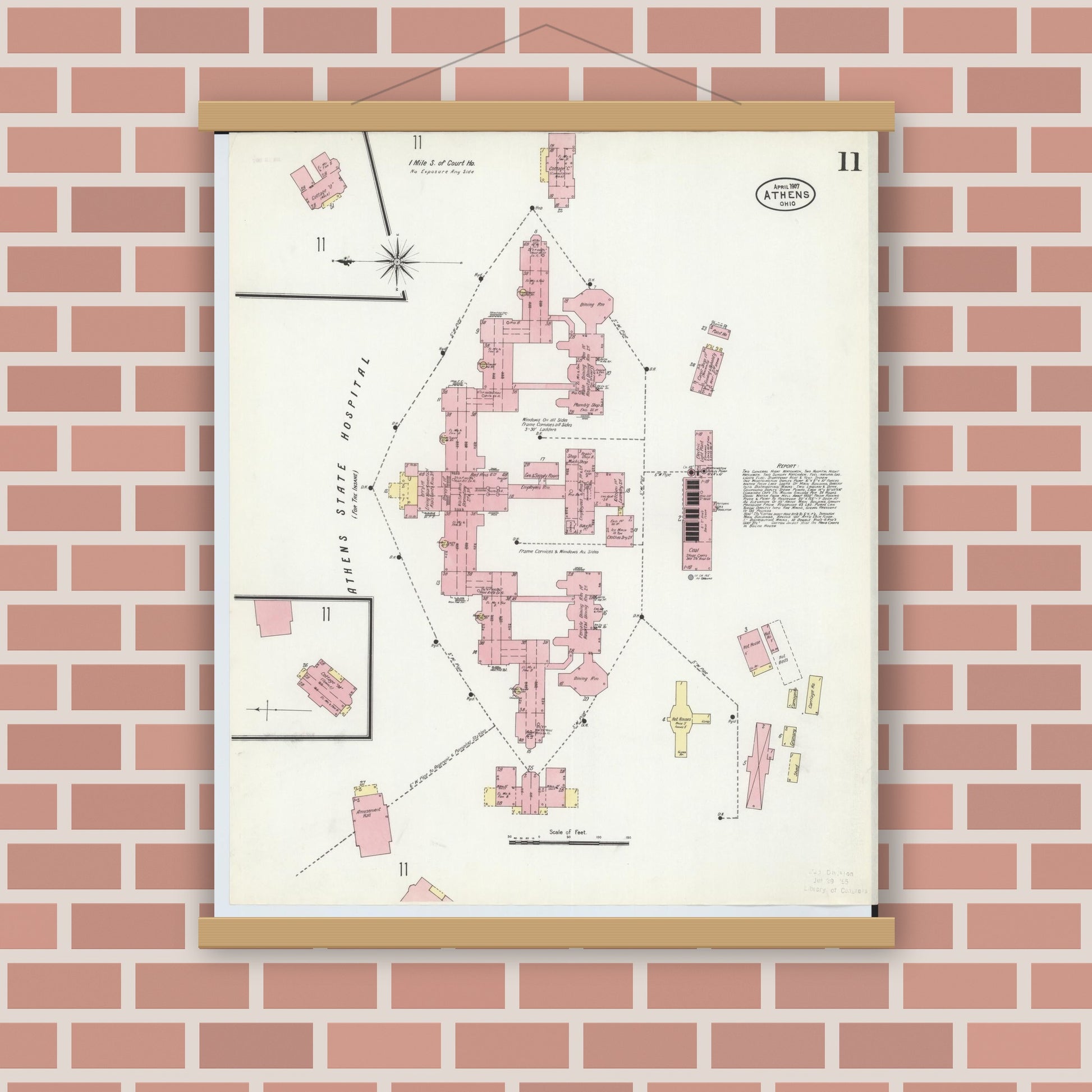 Old map wall art mockup — magnetic wood frame on brick wall — Sanborn Fire Insurance Map from Athens, Athens County, Ohio (1907), Sheet #0011