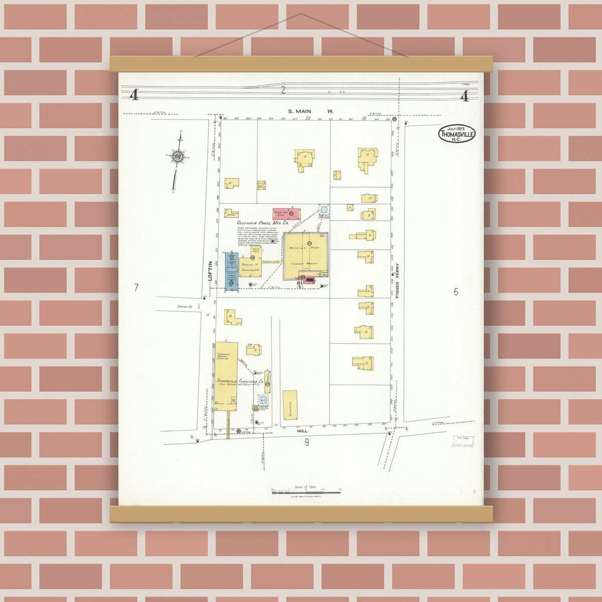 Old map wall art mockup — magnetic wood frame on brick wall — Sanborn Fire Insurance Map from Thomasville, Davidson County, North Carolina (1923), Sheet #0004