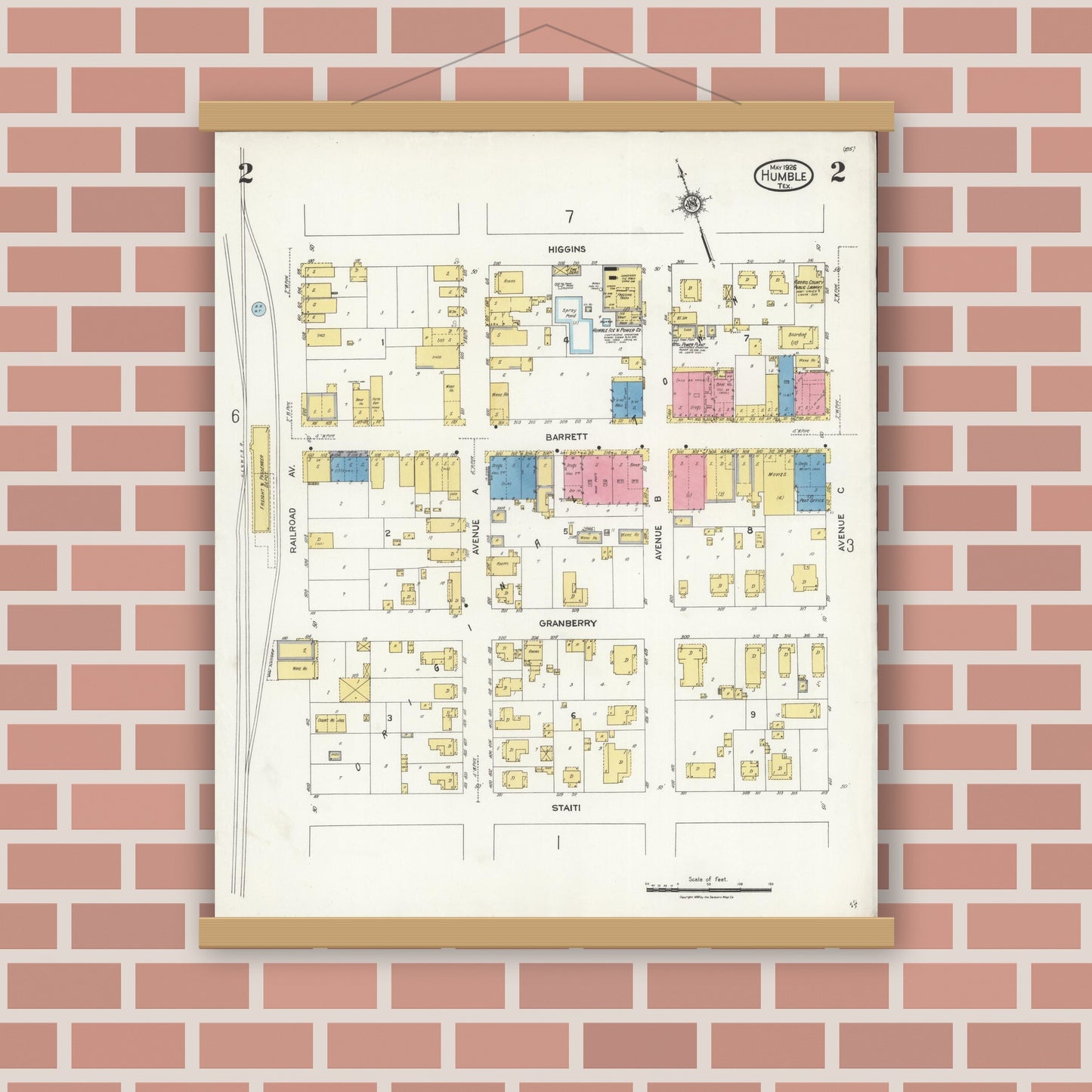 Old map wall art mockup — magnetic wood frame on brick wall — Sanborn Fire Insurance Map from Humble, Harris County, Texas (1926), Sheet #0002