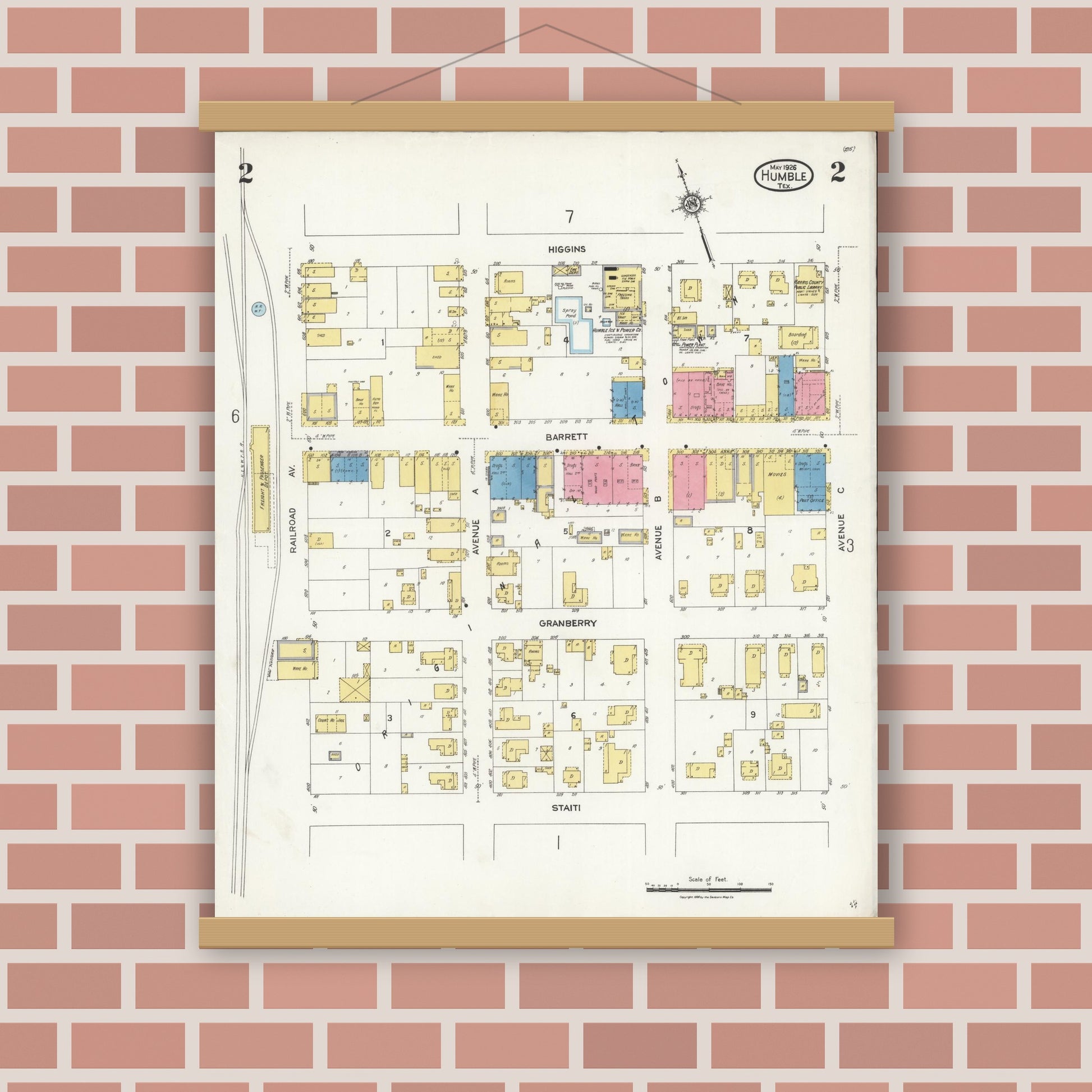 Old map wall art mockup — magnetic wood frame on brick wall — Sanborn Fire Insurance Map from Humble, Harris County, Texas (1926), Sheet #0002