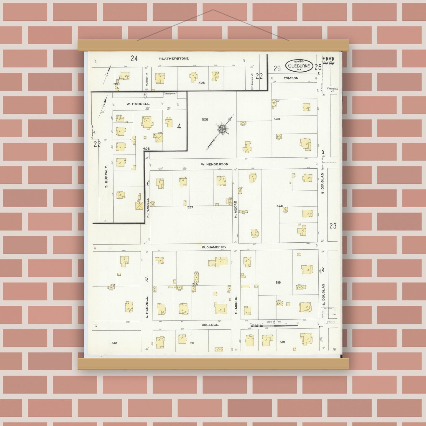 Old map wall art mockup — magnetic wood frame on brick wall — Sanborn Fire Insurance Map from Cleburne, Johnson County, Texas (1910), Sheet #0022