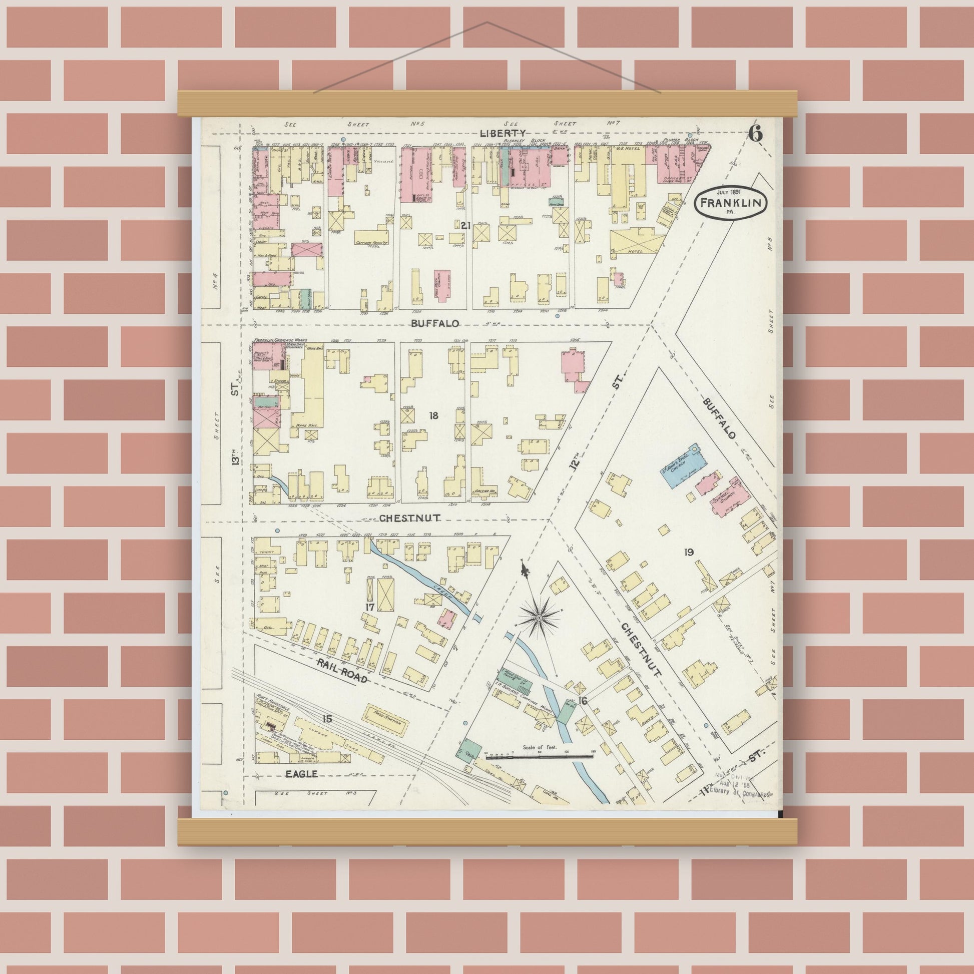 Old map wall art mockup — magnetic wood frame on brick wall — Sanborn Fire Insurance Map from Franklin, Venango County, Pennsylvania (1891), Sheet #0006
