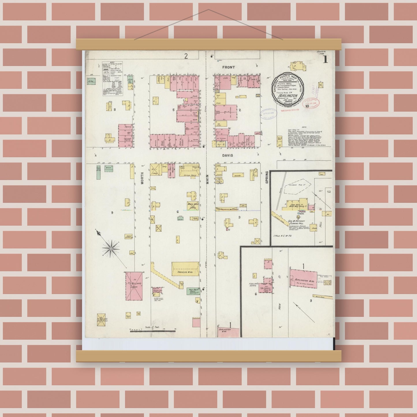 Old map wall art mockup — magnetic wood frame on brick wall — Sanborn Fire Insurance Map from Burlington, Alamance County, North Carolina (1898), Sheet #0001