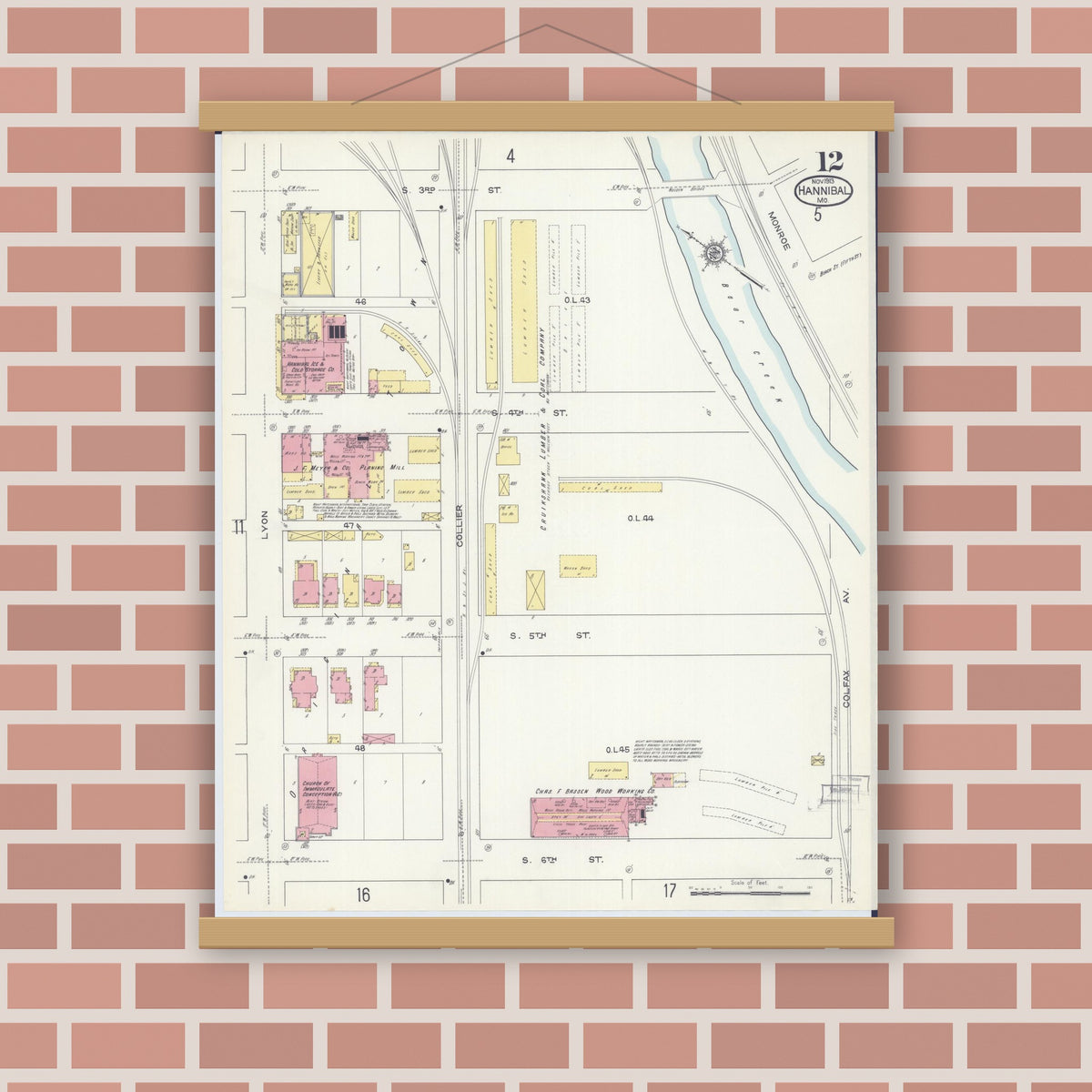 Old map wall art mockup — magnetic wood frame on brick wall — Sanborn Fire Insurance Map from Hannibal, Marion County, Missouri (1913), Sheet #0012