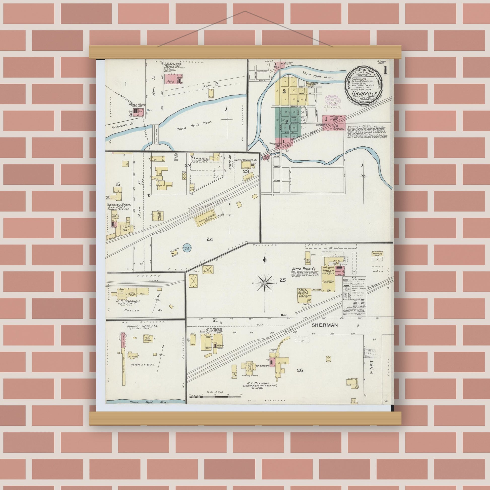 Old map wall art mockup — magnetic wood frame on brick wall — Sanborn Fire Insurance Map from Nashville, Barry County, Michigan (1893), Sheet #0001