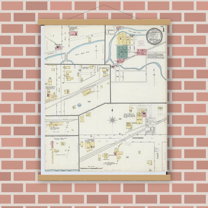 Old map wall art mockup — magnetic wood frame on brick wall — Sanborn Fire Insurance Map from Nashville, Barry County, Michigan (1893), Sheet #0001