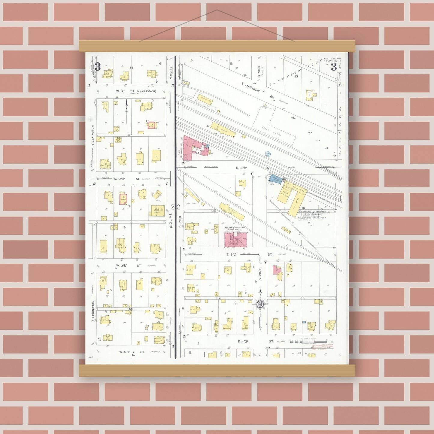 Old map wall art mockup — magnetic wood frame on brick wall — Sanborn Fire Insurance Map from Holden, Johnson County, Missouri (1931), Sheet #0003