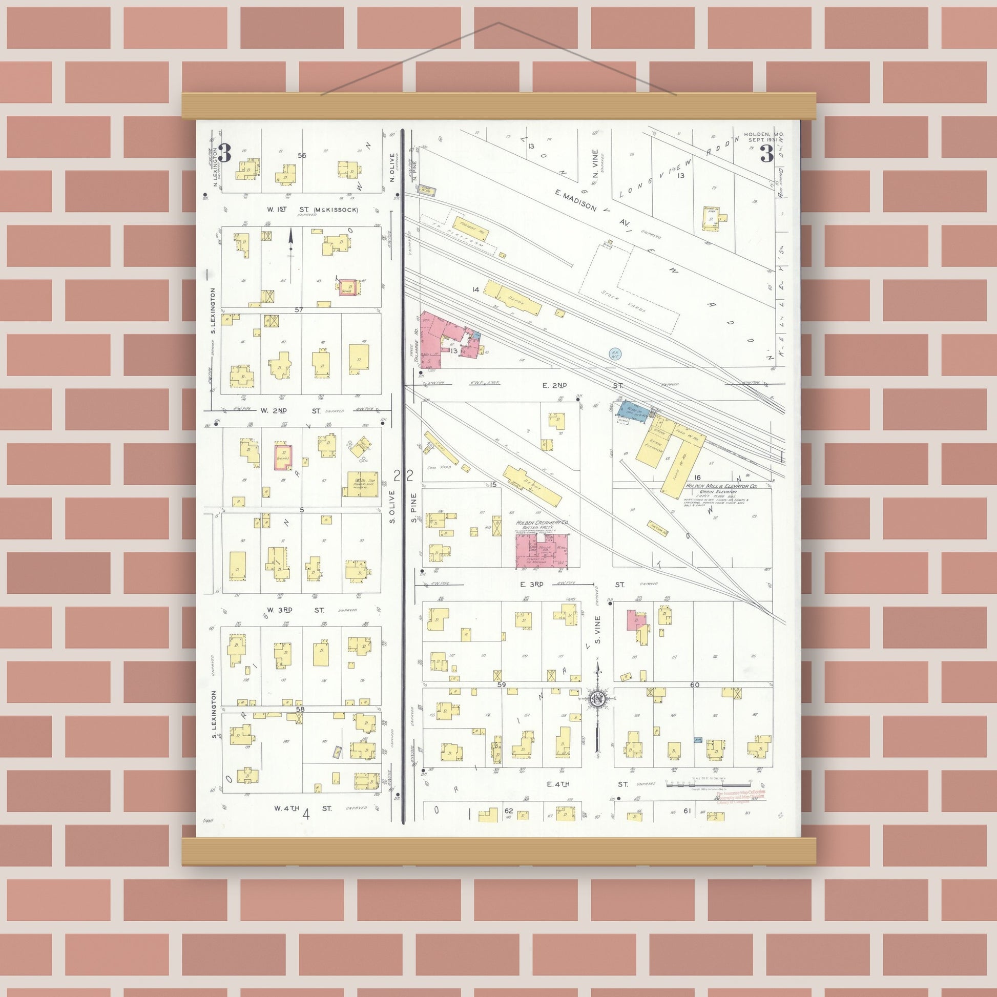 Old map wall art mockup — magnetic wood frame on brick wall — Sanborn Fire Insurance Map from Holden, Johnson County, Missouri (1931), Sheet #0003