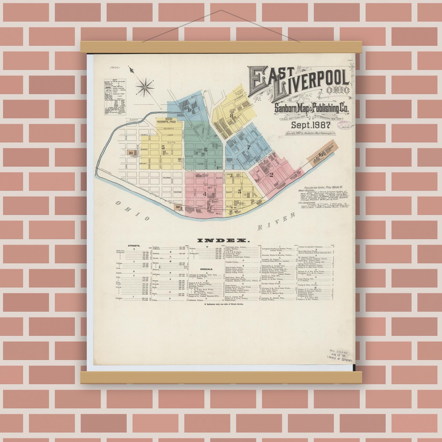 Old map wall art mockup — magnetic wood frame on brick wall — Sanborn Fire Insurance Map from East Liverpool, Columbiana County, Ohio (1887), Sheet #0001