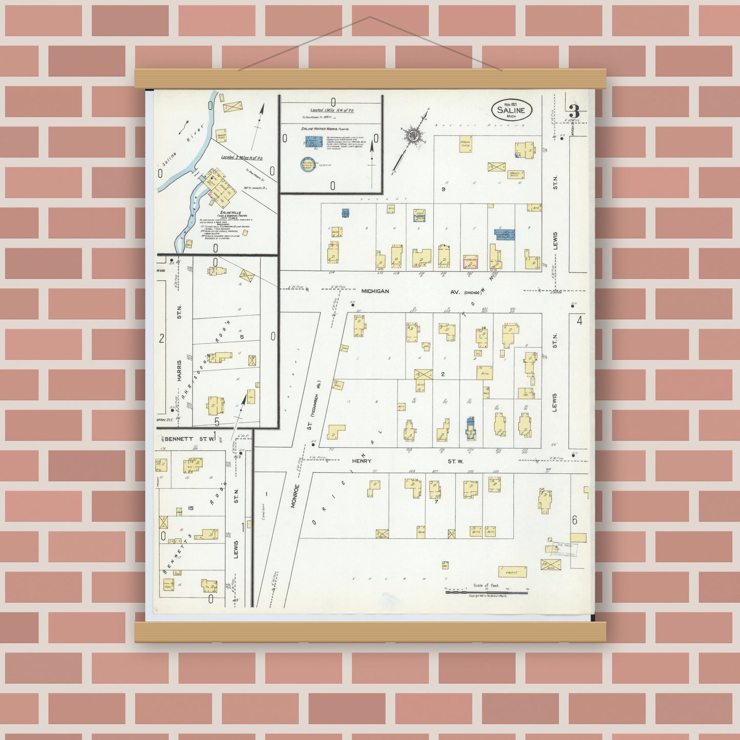 Old map wall art mockup — magnetic wood frame on brick wall — Sanborn Fire Insurance Map from Saline, Washtenaw County, Michigan (1921), Sheet #0003