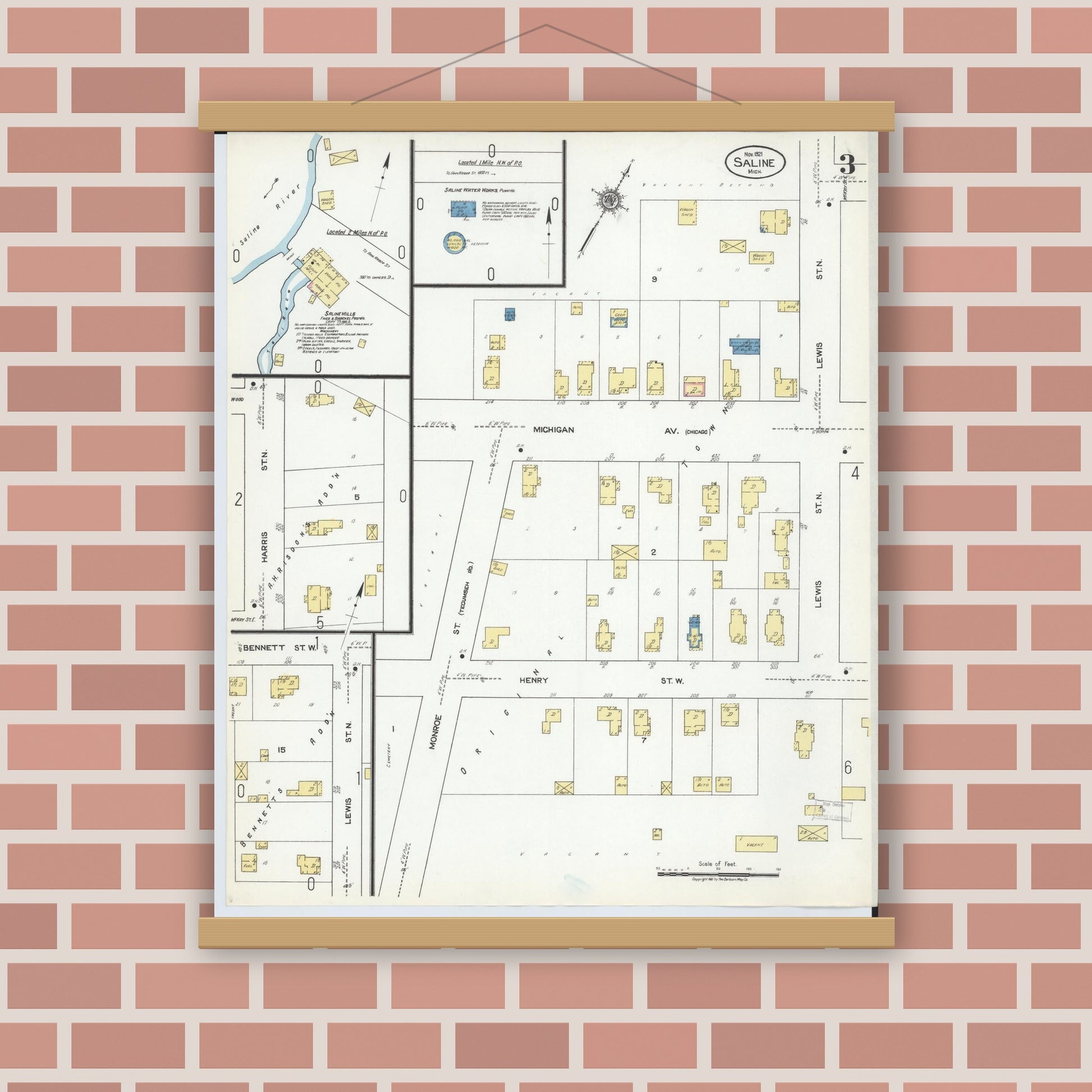 Old map wall art mockup — magnetic wood frame on brick wall — Sanborn Fire Insurance Map from Saline, Washtenaw County, Michigan (1921), Sheet #0003
