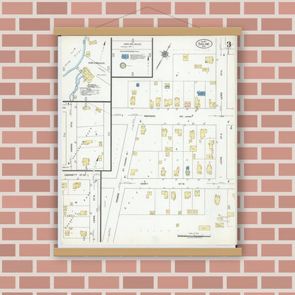 Old map wall art mockup — magnetic wood frame on brick wall — Sanborn Fire Insurance Map from Saline, Washtenaw County, Michigan (1921), Sheet #0003