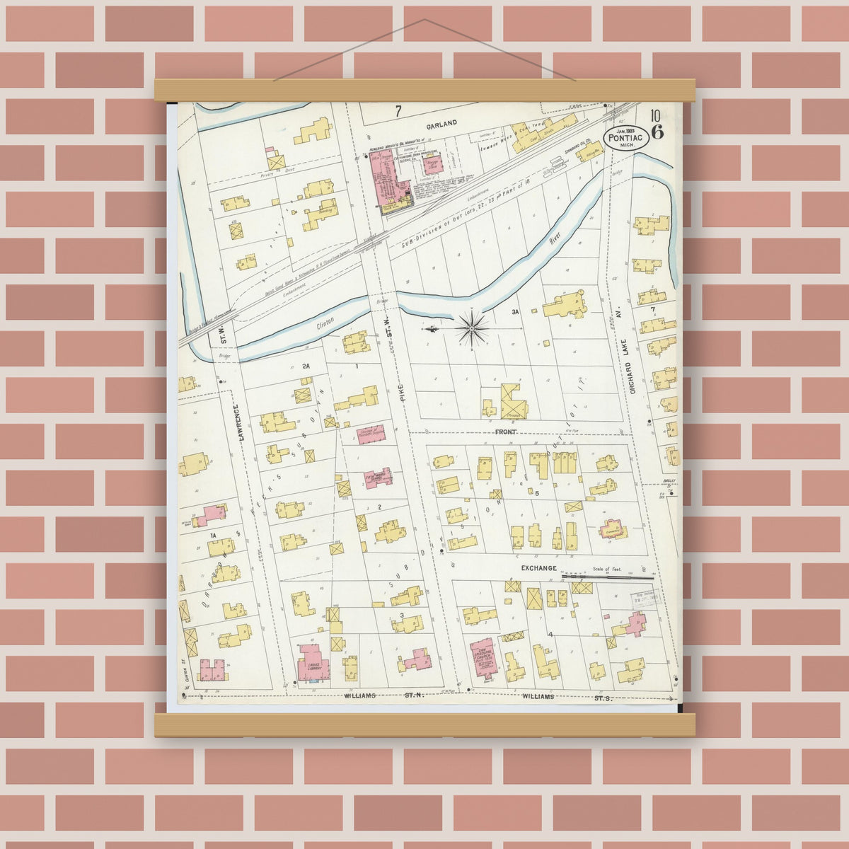 Old map wall art mockup — magnetic wood frame on brick wall — Sanborn Fire Insurance Map from Pontiac, Oakland County, Michigan (1903), Sheet #0006