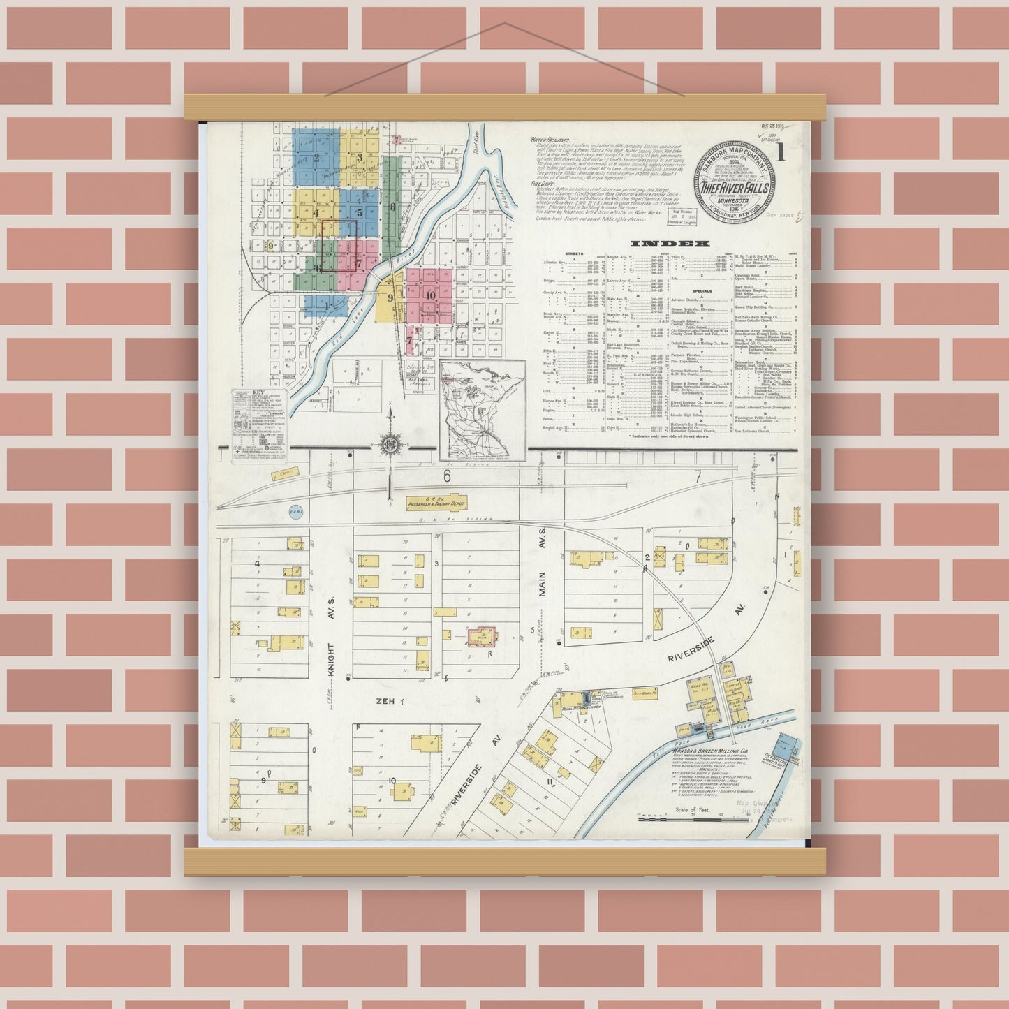 Old map wall art mockup — magnetic wood frame on brick wall — Sanborn Fire Insurance Map from Thief River Falls, Pennington County, Minnesota (1916) - Complete Map Set