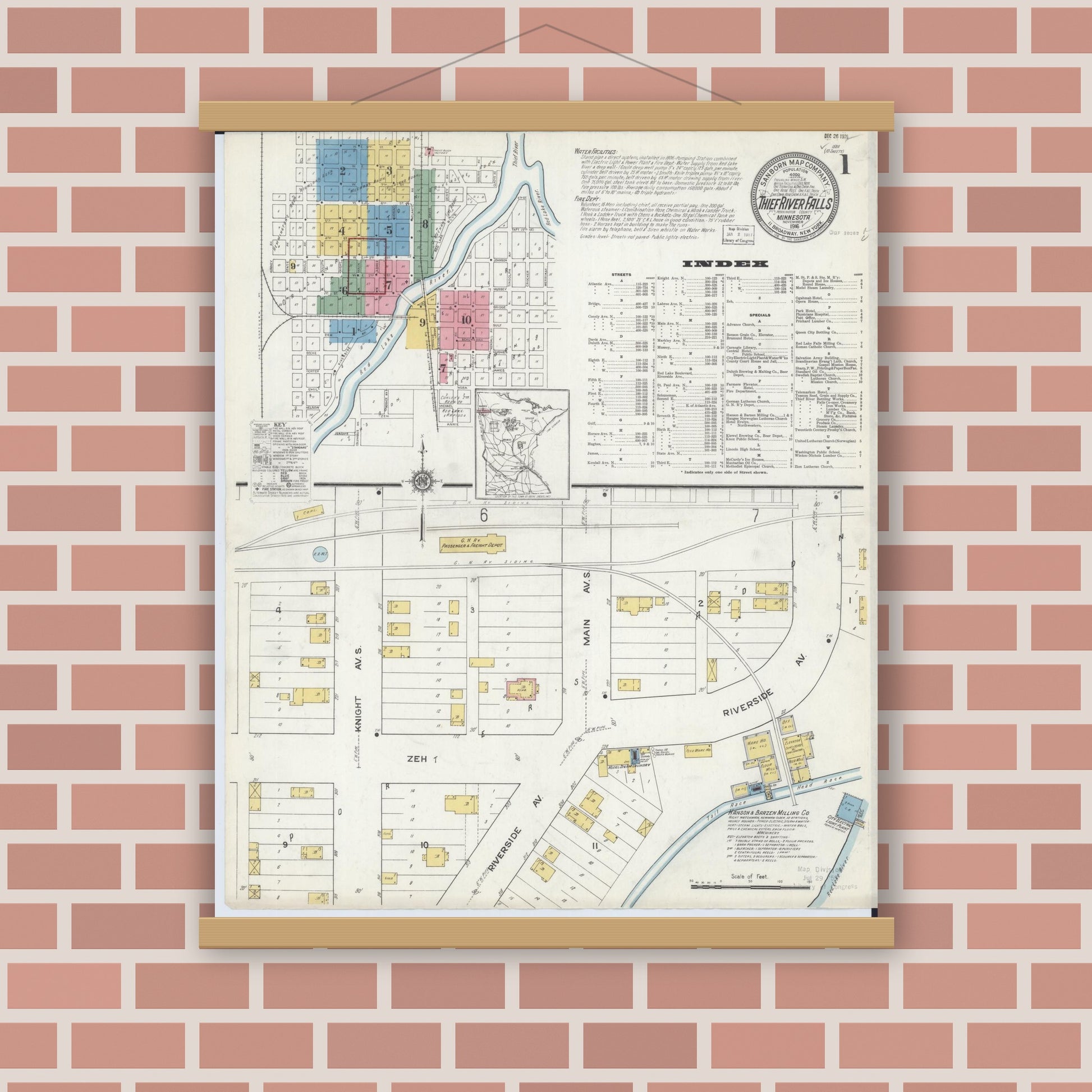 Old map wall art mockup — magnetic wood frame on brick wall — Sanborn Fire Insurance Map from Thief River Falls, Pennington County, Minnesota (1916) - Complete Map Set