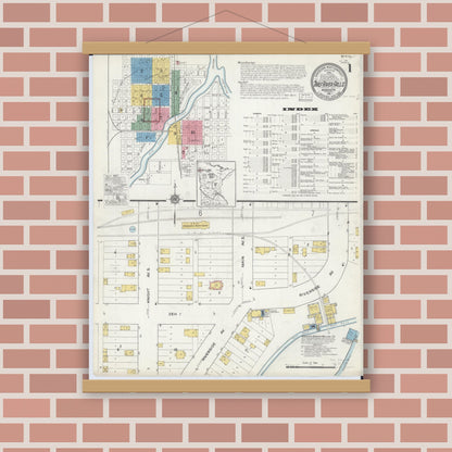 Old map wall art mockup — magnetic wood frame on brick wall — Sanborn Fire Insurance Map from Thief River Falls, Pennington County, Minnesota (1916) - Complete Map Set