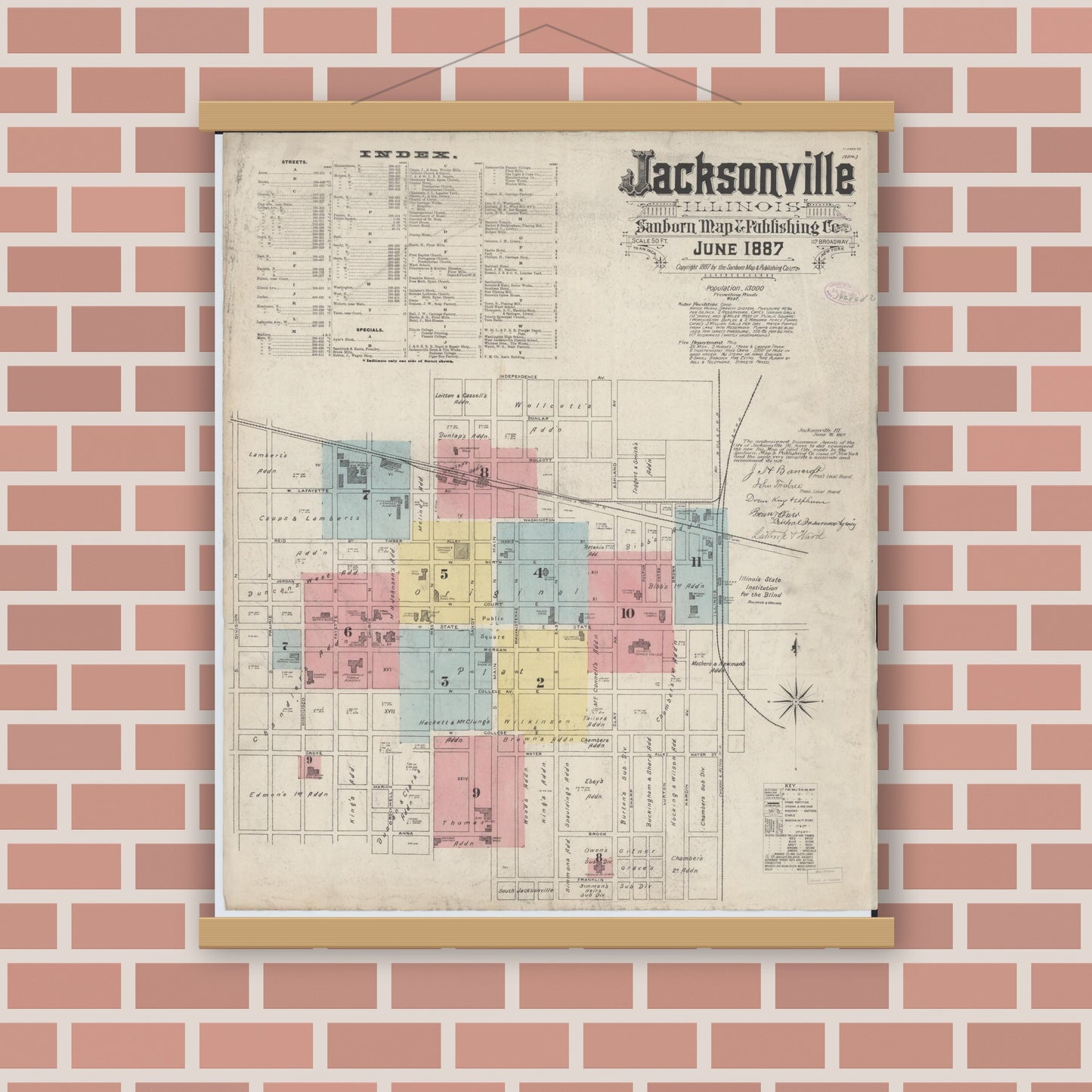 Old map wall art mockup — magnetic wood frame on brick wall — Sanborn Fire Insurance Map from Jacksonville, Morgan County, Illinois (1887), Sheet #0001