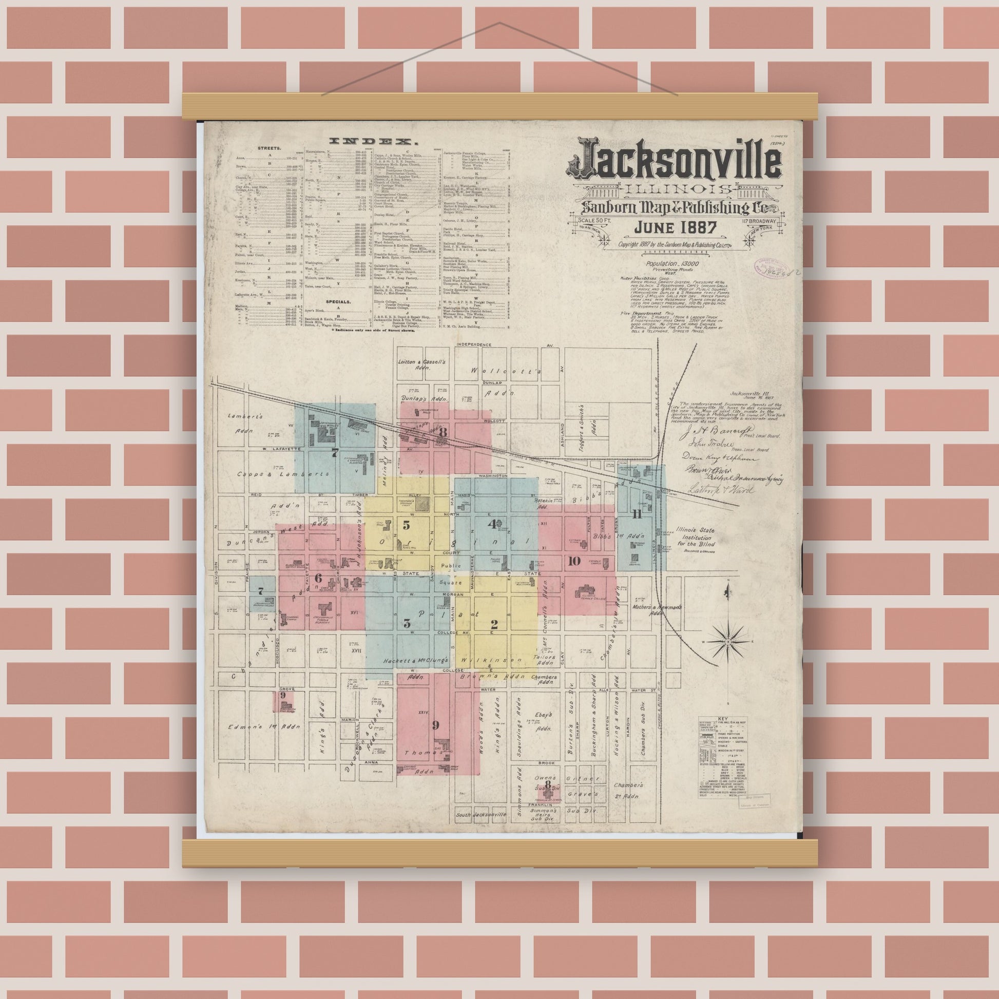 Old map wall art mockup — magnetic wood frame on brick wall — Sanborn Fire Insurance Map from Jacksonville, Morgan County, Illinois (1887), Sheet #0001
