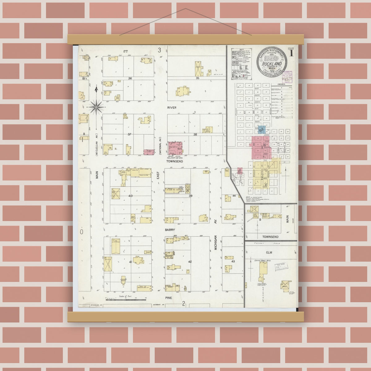 Old map wall art mockup — magnetic wood frame on brick wall — Sanborn Fire Insurance Map from Rockland, Ontonagon County, Michigan (1902), Sheet #0001
