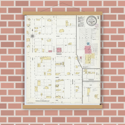 Old map wall art mockup — magnetic wood frame on brick wall — Sanborn Fire Insurance Map from Rockland, Ontonagon County, Michigan (1902), Sheet #0001