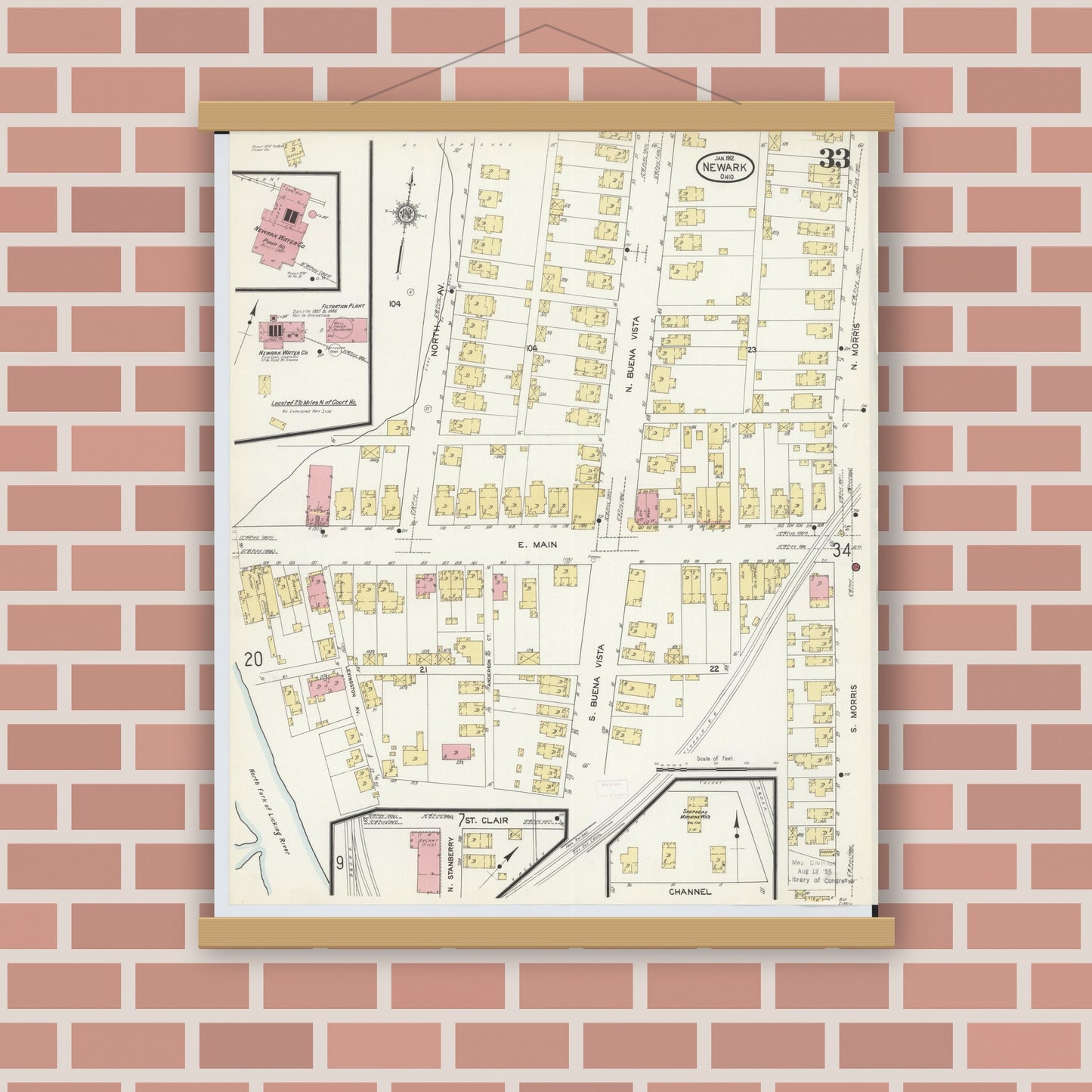 Old map wall art mockup — magnetic wood frame on brick wall — Sanborn Fire Insurance Map from Newark, Licking County, Ohio (1912), Sheet #0033