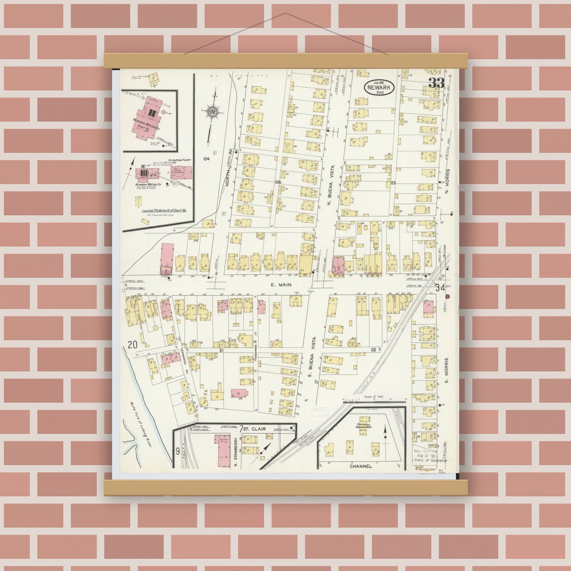 Old map wall art mockup — magnetic wood frame on brick wall — Sanborn Fire Insurance Map from Newark, Licking County, Ohio (1912), Sheet #0033