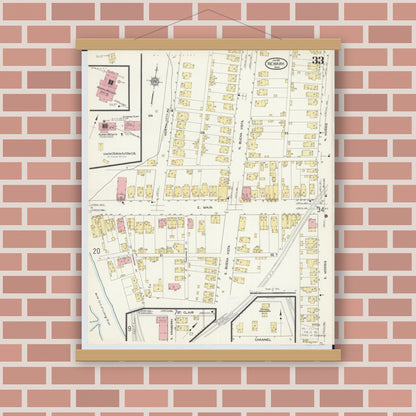 Old map wall art mockup — magnetic wood frame on brick wall — Sanborn Fire Insurance Map from Newark, Licking County, Ohio (1912), Sheet #0033