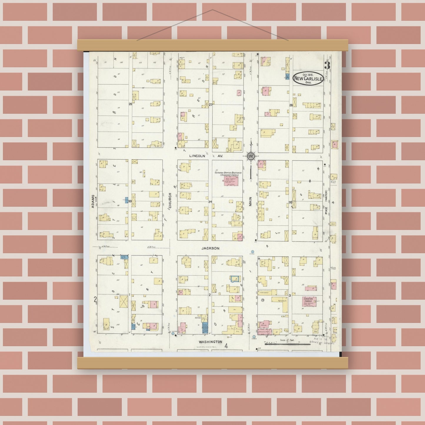 Old map wall art mockup — magnetic wood frame on brick wall — Sanborn Fire Insurance Map from New Carlisle, Clarke County, Ohio (1916), Sheet #0003