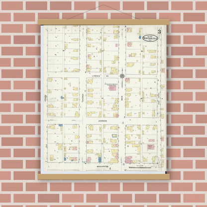 Old map wall art mockup — magnetic wood frame on brick wall — Sanborn Fire Insurance Map from New Carlisle, Clarke County, Ohio (1916), Sheet #0003