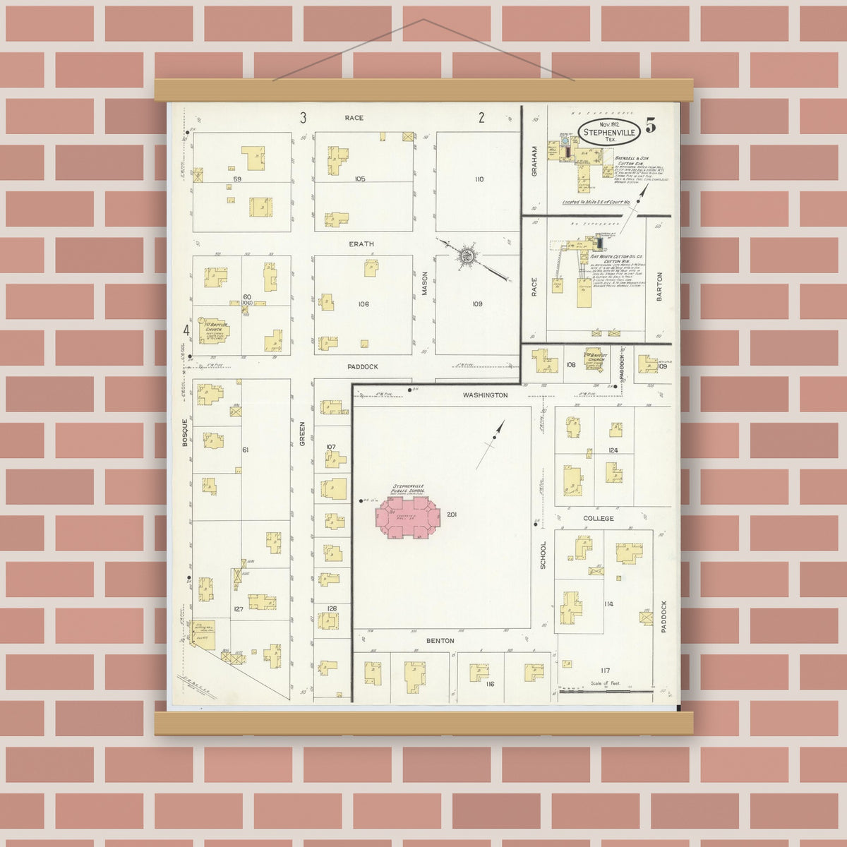 Old map wall art mockup — magnetic wood frame on brick wall — Sanborn Fire Insurance Map from Stephenville, Erath County, Texas (1912), Sheet #0005
